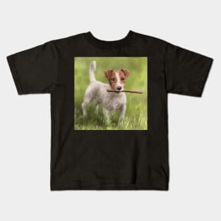 Painting of a Jack Russell Dog With a Stick in its Mouth Standing on a Green Grass Kids T-Shirt